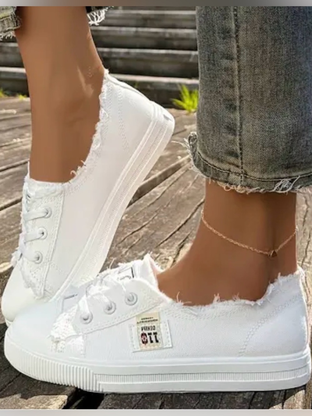 Casual White Frayed Canvas Sneakers for Women -